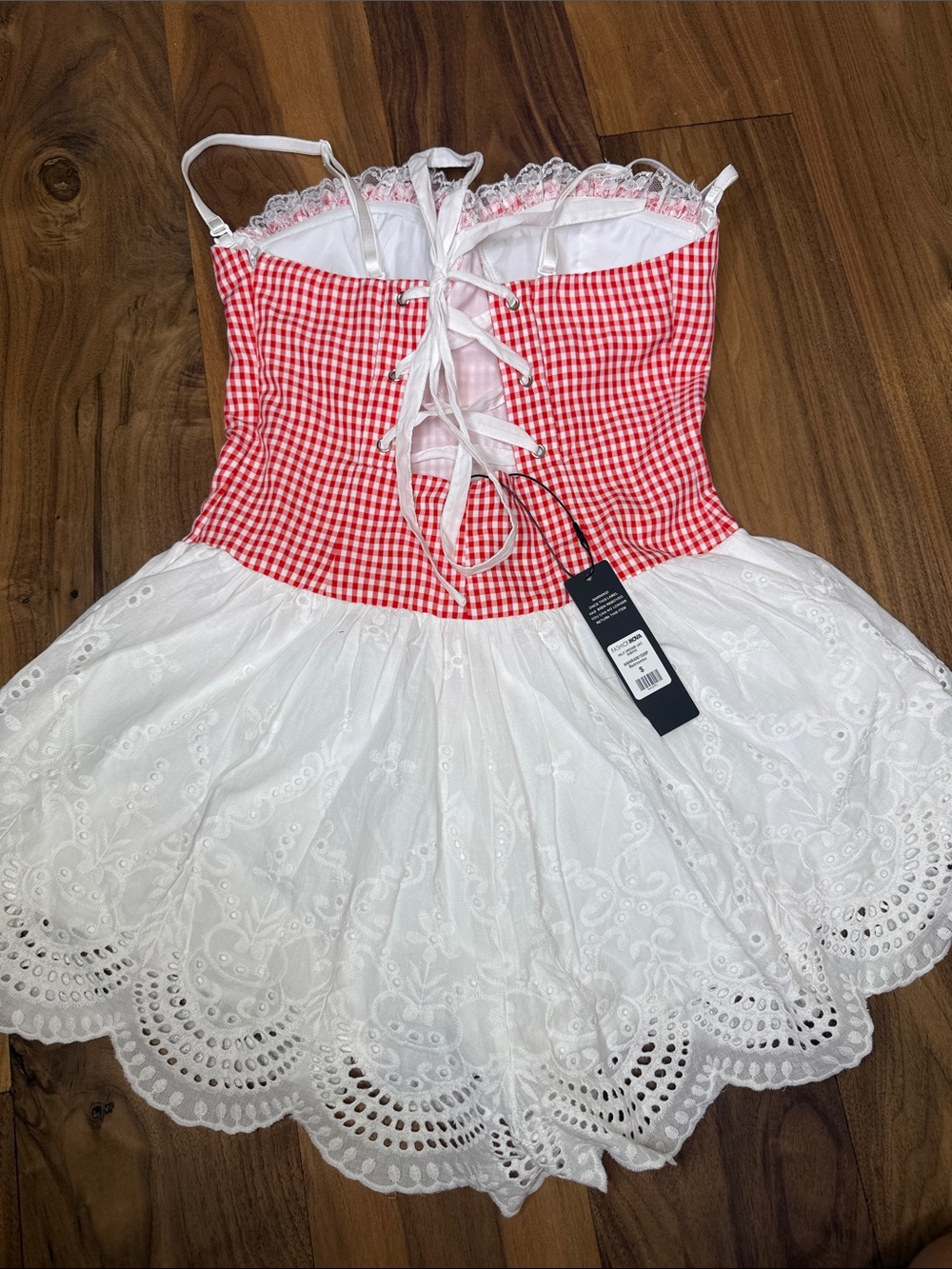 Red Gingham Bustier Dress with White Eyelet Skirt with short attached. - Picture 3 of 3